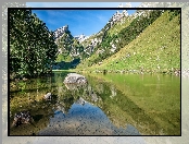 Drzewa, Góry Alpy, Jezioro Seealpsee, Szwajcaria, Kamienie, Kanton Appenzell Innerrhoden