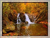 Jesień, Rzeka, Wodospad, Drzewa, Skały