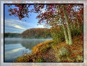 Jesień, Drzewa, Jezioro, Mgiełka