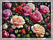 Rozkwitnięte, Kolorowe, Kwiaty, Róże, Grafika