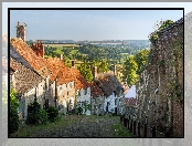 Mur, Ulica, Zachód Słońca, Gold Hill, Złote Wzgórze, Shaftesbury, Anglia, Domy, Drzewa