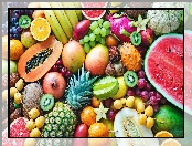 Cytryny, Winogrona, Śliwki, Melony, Pomarańcza, Ananas, Arbuzy, Banany, Kiwi, Owoce, Granat