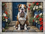 Pies, Kwiaty, Dom, Buldog angielski, Grafika