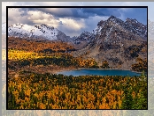 Magog Lake, Jezioro, Alberta, Pożółkłe, Góry Skaliste, Kanada, Góry, Drzewa, Jesień, Chmury