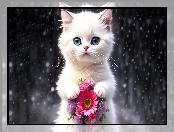 Kwiaty Słodkie Zwierzęta, Dla dzieci, Biały, Kotek