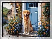 Niebieski, Pies, Drzwi, Dom, Kwiaty, Golden retriever