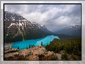 Kamienie, Lasy, Kanada, Góry, Peyto Lake, Jezioro, Park Narodowy Banff, Chmury, Prowincja Alberta