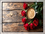 Kwiaty, Kawa, Drewno, Róże, Deski