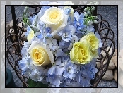 Kwiatuszki, Bukiet, Żółtych, Róż, Niebieskie