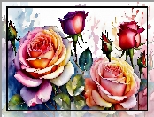 Róże, Kwiaty, Akwarela, Kolorowe, Grafika