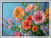 Gerbery, Kwiaty, Bukiet, Kolorowe, Grafika
