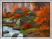 Malarstwo, Japońska, Pagoda, Rzeka, Jesień
