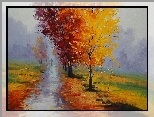 Mgła, Jesień, Drzewa, Liście, Droga