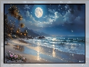 Morze, Palmy, Noc, Plaża, Księżyc