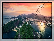 Kolejka linowa, Miasto, Zachód słońca, Morze, Góry, Rio de Janeiro, Brazylia, Z lotu ptaka, Wieżowce