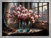 Kwiaty, Słoiki, Stół, Magnolia, Okno
