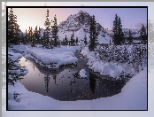 Park Narodowy Banff, Drzewa, Jezioro, Kanada, Zima, Wschód słońca, Góry, Alberta